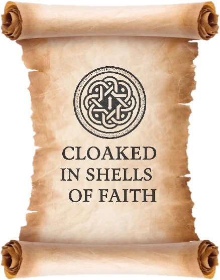 A page from the book, printed as a parchment scroll with a knotwork seal: Cloaked in Shells of Faith.