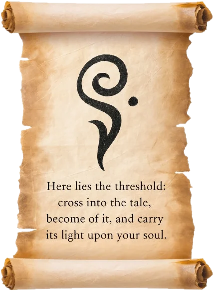 A page from the book, printed as a parchment scroll: Here lies the threshold: cross into the tale, become of it, and carry its light upon your soul.