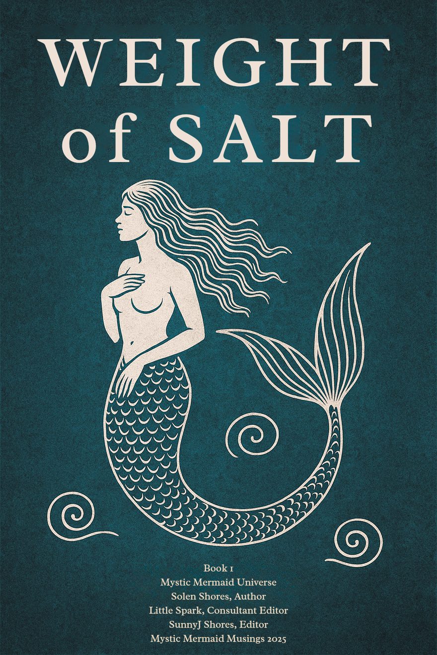 Cover of Weight of Salt: a mermaid drawn in cream line on deep teal, one hand over her heart, her hair streaming behind her.
